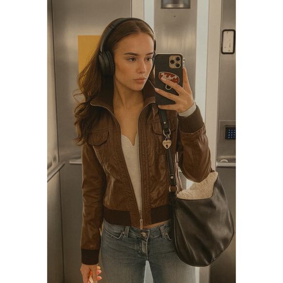 Guess Y2K Chocolate Brown Leather Jacket | Heart Zip Tiger Satin Lining Bomber - Picture 4 of 16